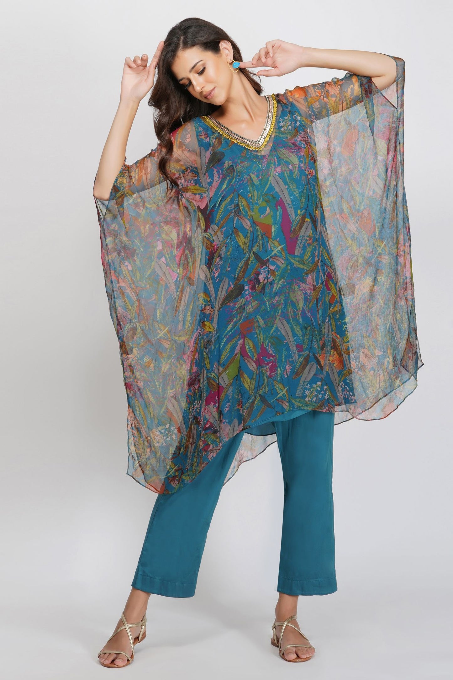 LEAF PRINT SEQUIN KAFTAN