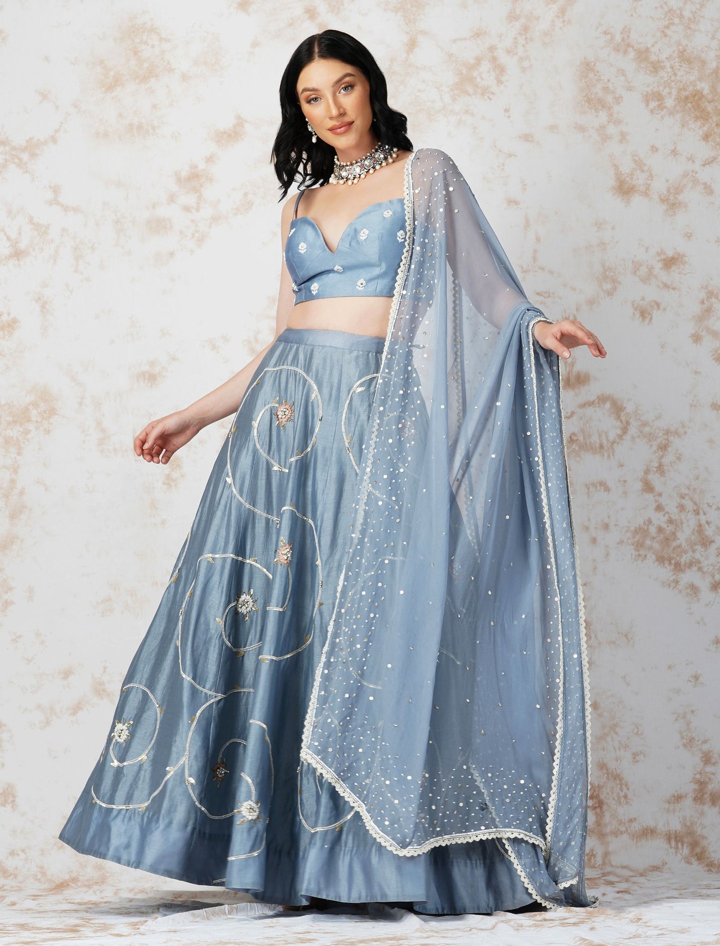 BAROQUE FLOWER PIGEON BLUE LEHENGA SET