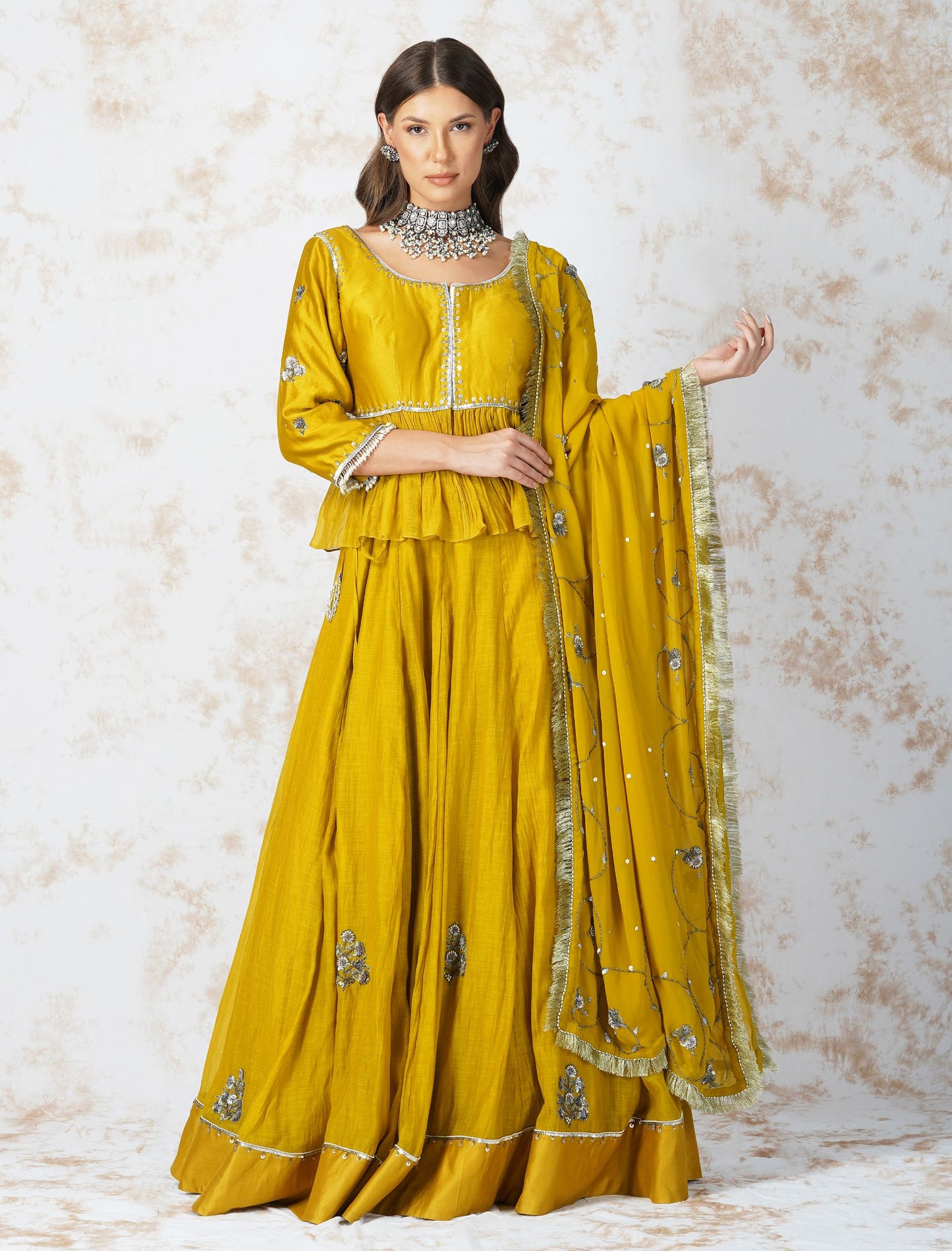 ANTIQUE WORK MUSTARD LEHENGA SET