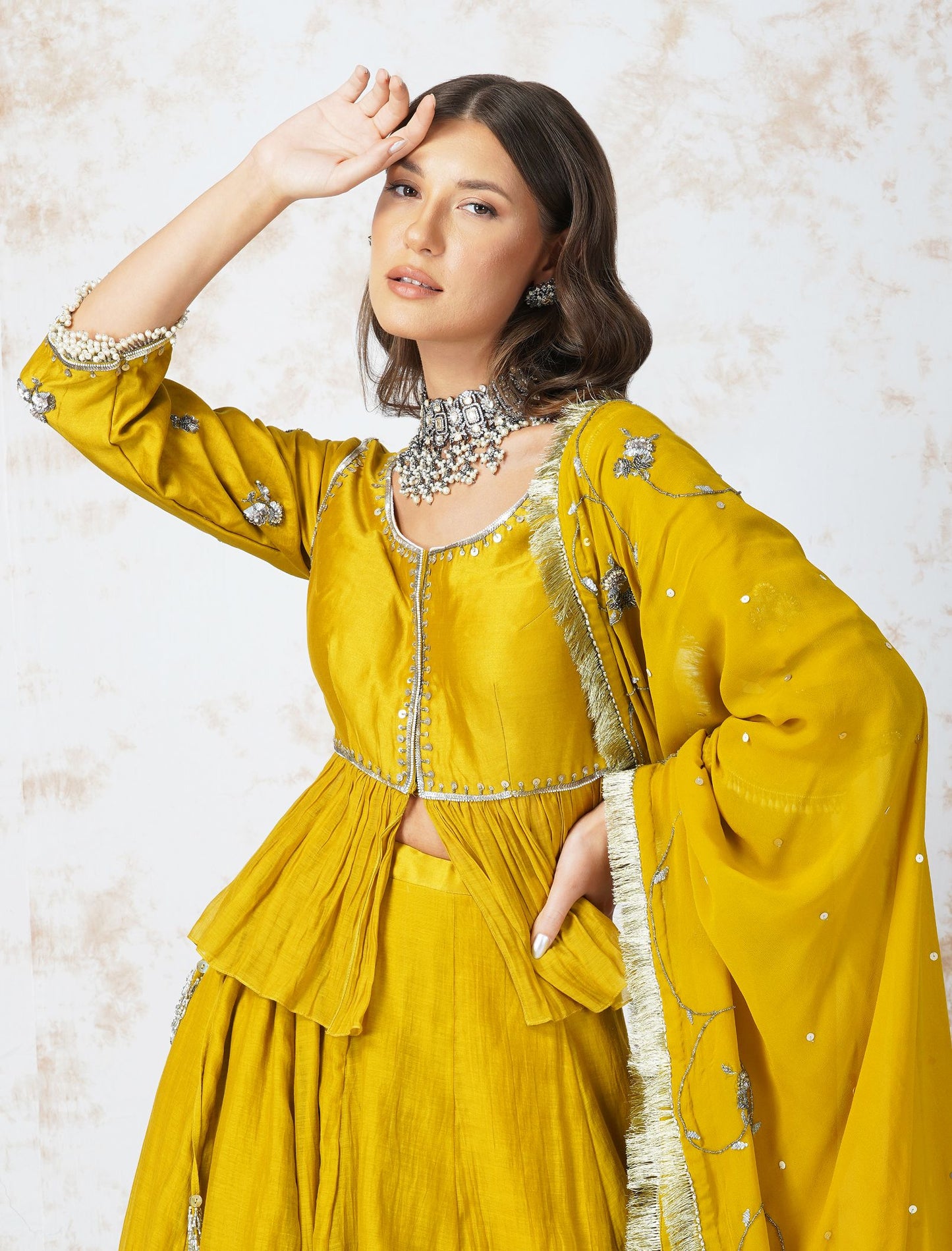 ANTIQUE WORK MUSTARD LEHENGA SET
