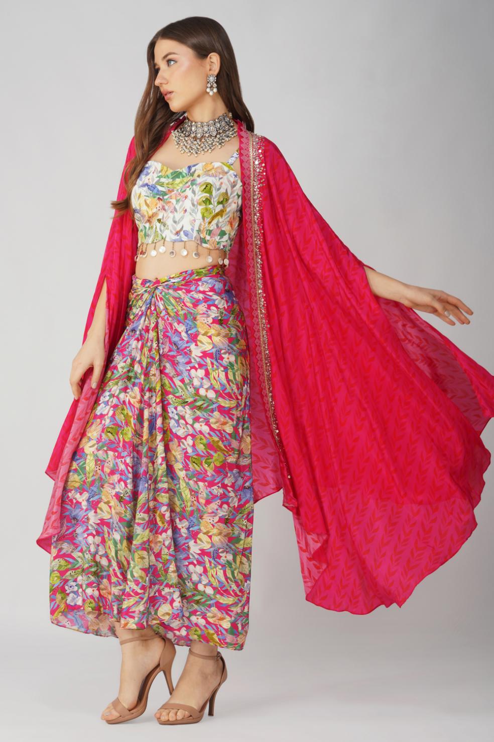 MULTI LEAF PRINT DRAPE SKIRT SET