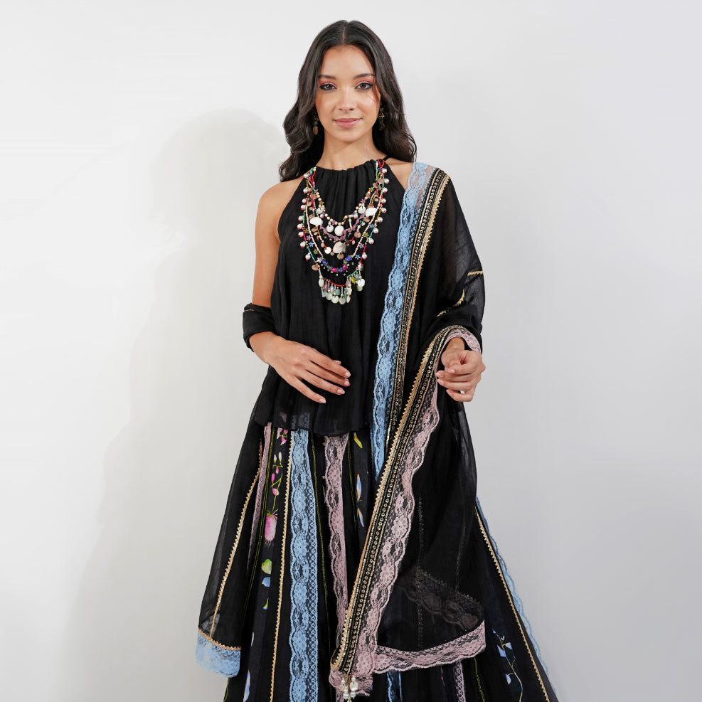 Summer floral Lehenga Set-Black