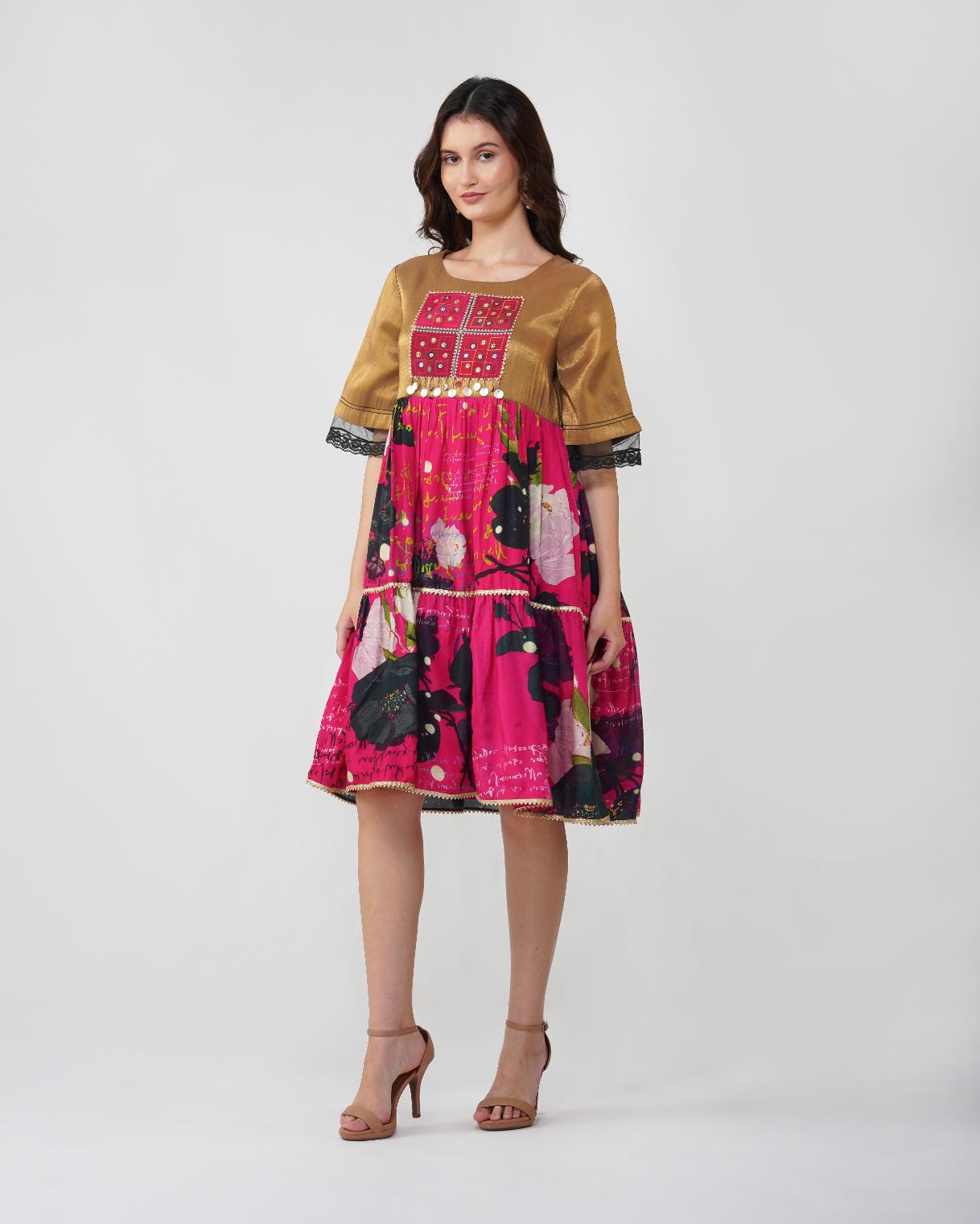 Floral Mirrorwork Tiered Dress