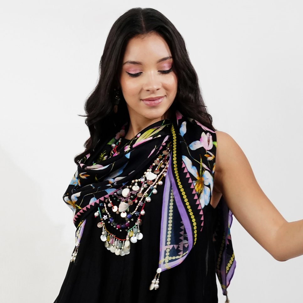 Black Summer Floral Satin Scarf