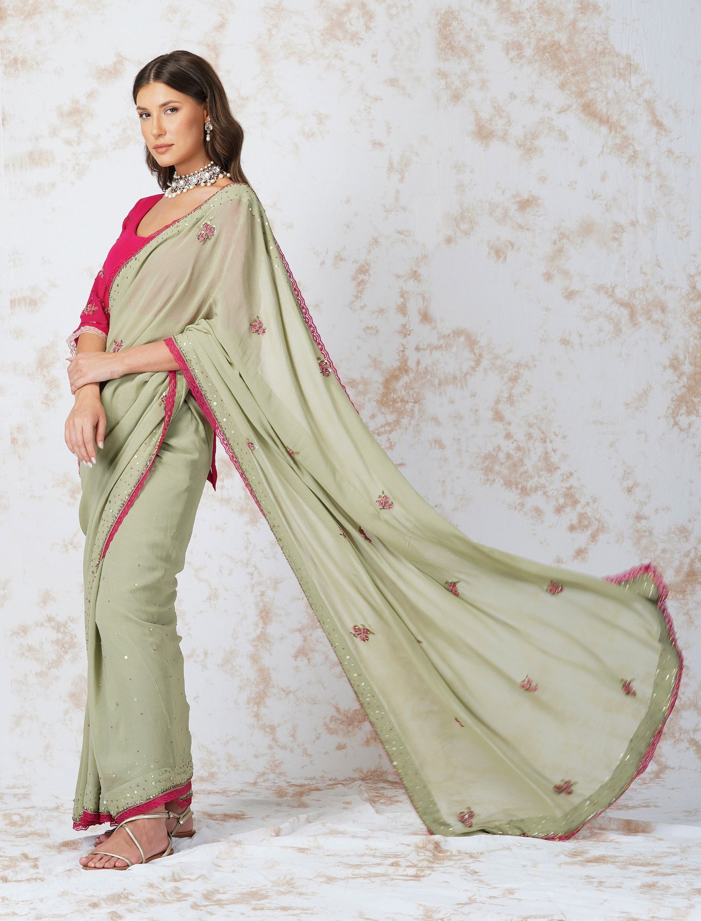 BEADED FLOWER SAREE WITH CONTRAST BLOUSE