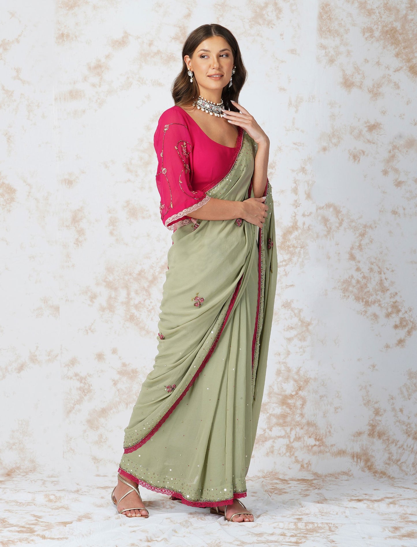 BEADED FLOWER SAREE WITH CONTRAST BLOUSE