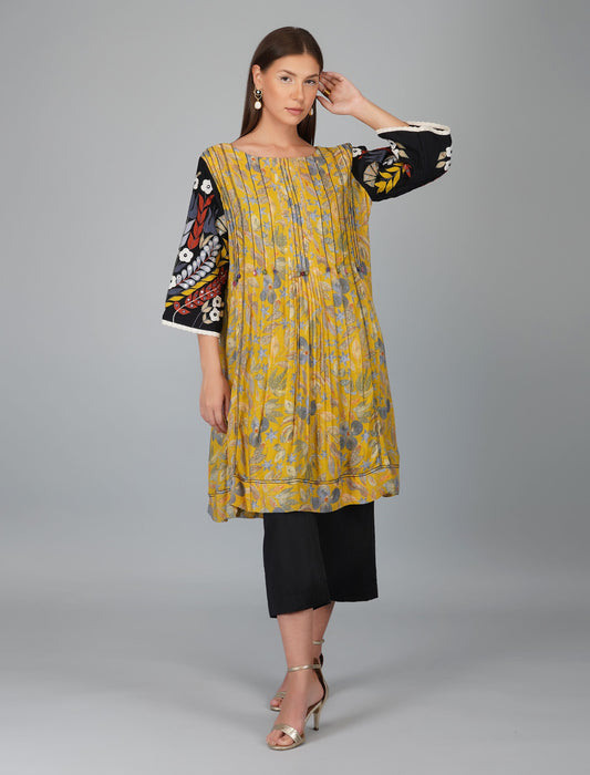 FLOWER PRINT PLEATED TUNIC SET WITH APPLIQUE SLEEVES