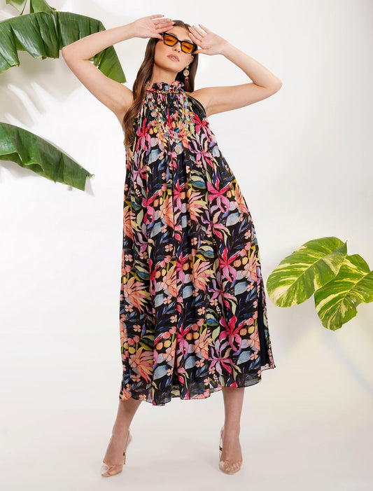 TROPICAL FLOWER PRINTED DRESS