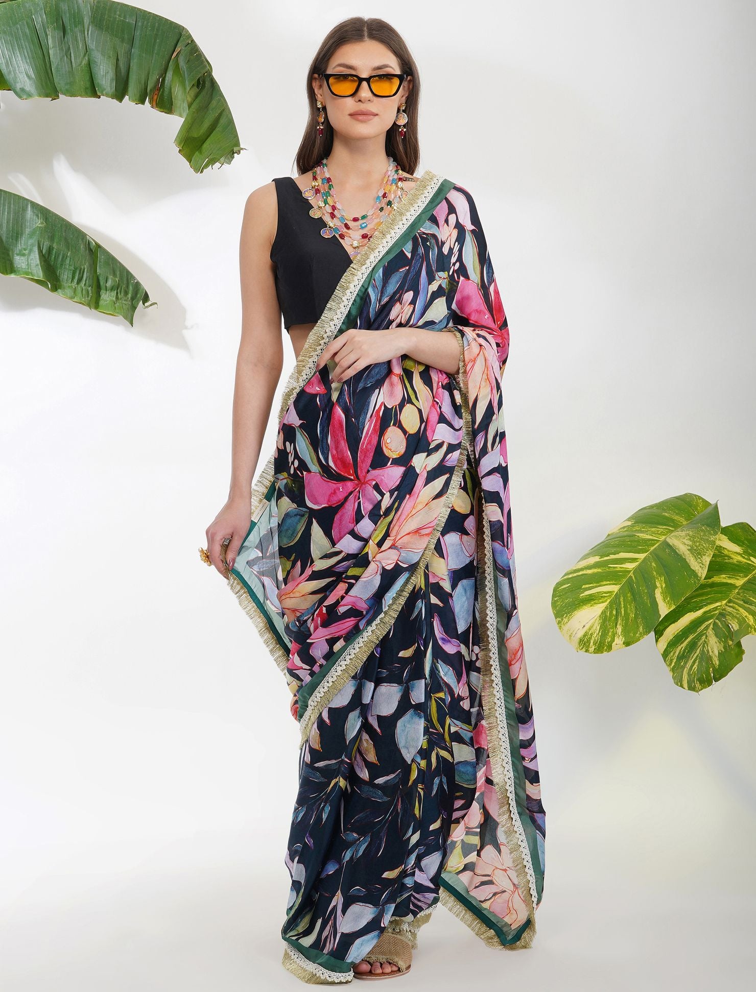 Buy Black Floral Printed Satin Saree With Stone Work And Unstitched Blouse  Piece Kalki Fashion India