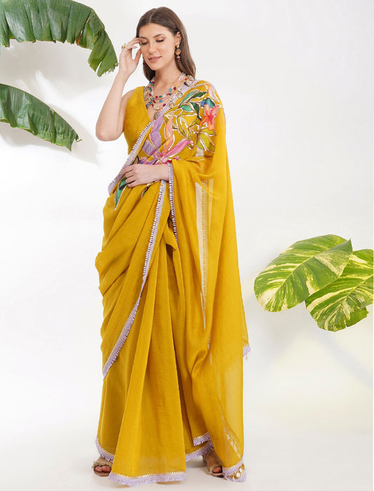 TROPICAL FLOWER APPLIQUE SAREE SET