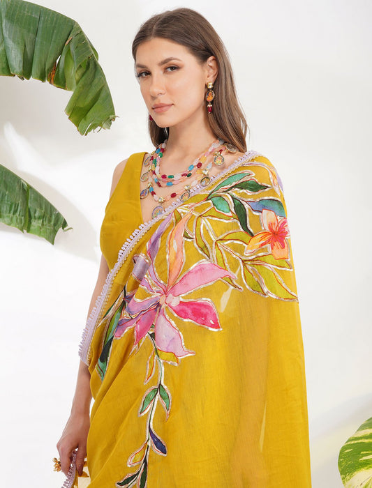 TROPICAL FLOWER APPLIQUE SAREE SET