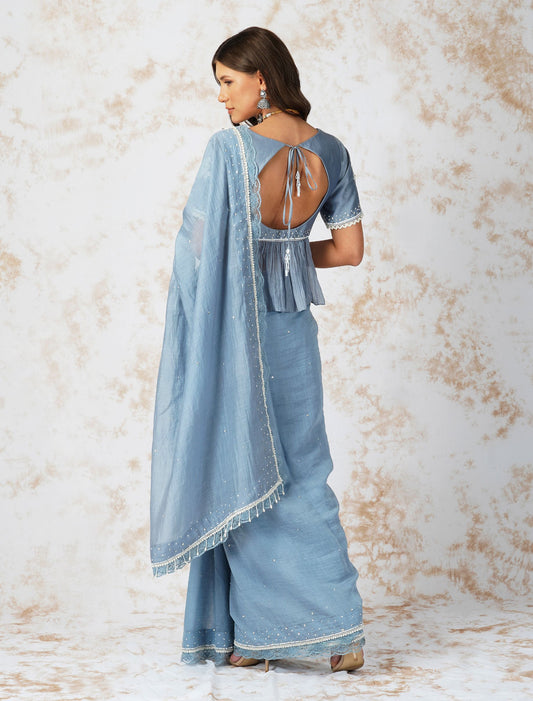 BAROQUE WORK PIGEON BLUE SAREE SET